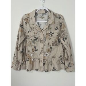 Democracy Floral Peplum Utility Jacket Beige Tan Botanical Button Front Womens L